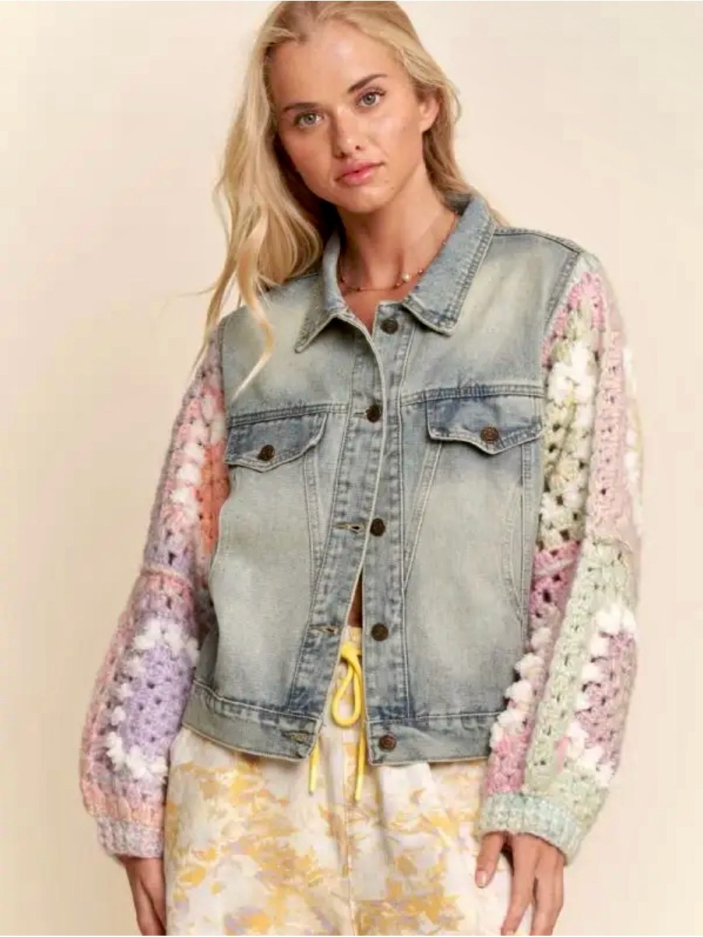 Crochet Granny Square Sleeve Denim Jacket